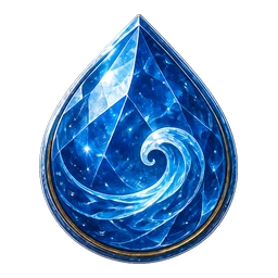 A transparent blue drop-shaped River Sapphire with a curling wave inside it.