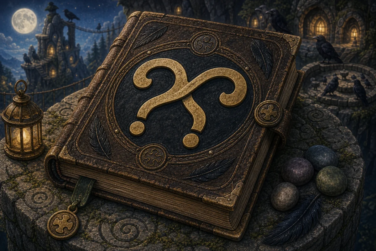 Romeo Raven's leather-bound Puzzle Book resting on a mossy stone, with two mirrored question marks forming an infinity symbol on its cover.