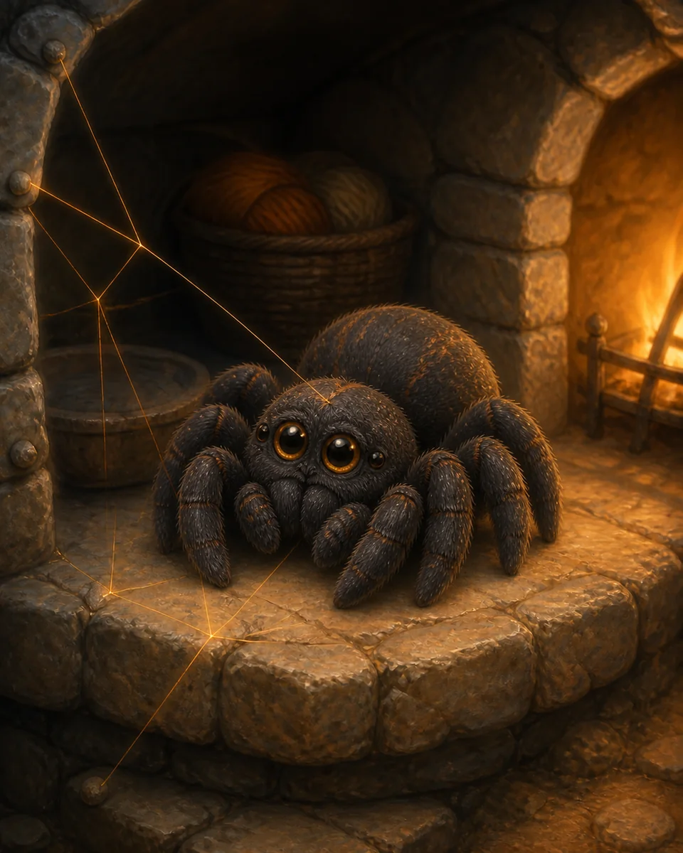 MaKayla, a small charcoal-black Fire Spider with copper markings and golden eyes, rests among carefully tensioned orange-golden threads in warm lantern light.