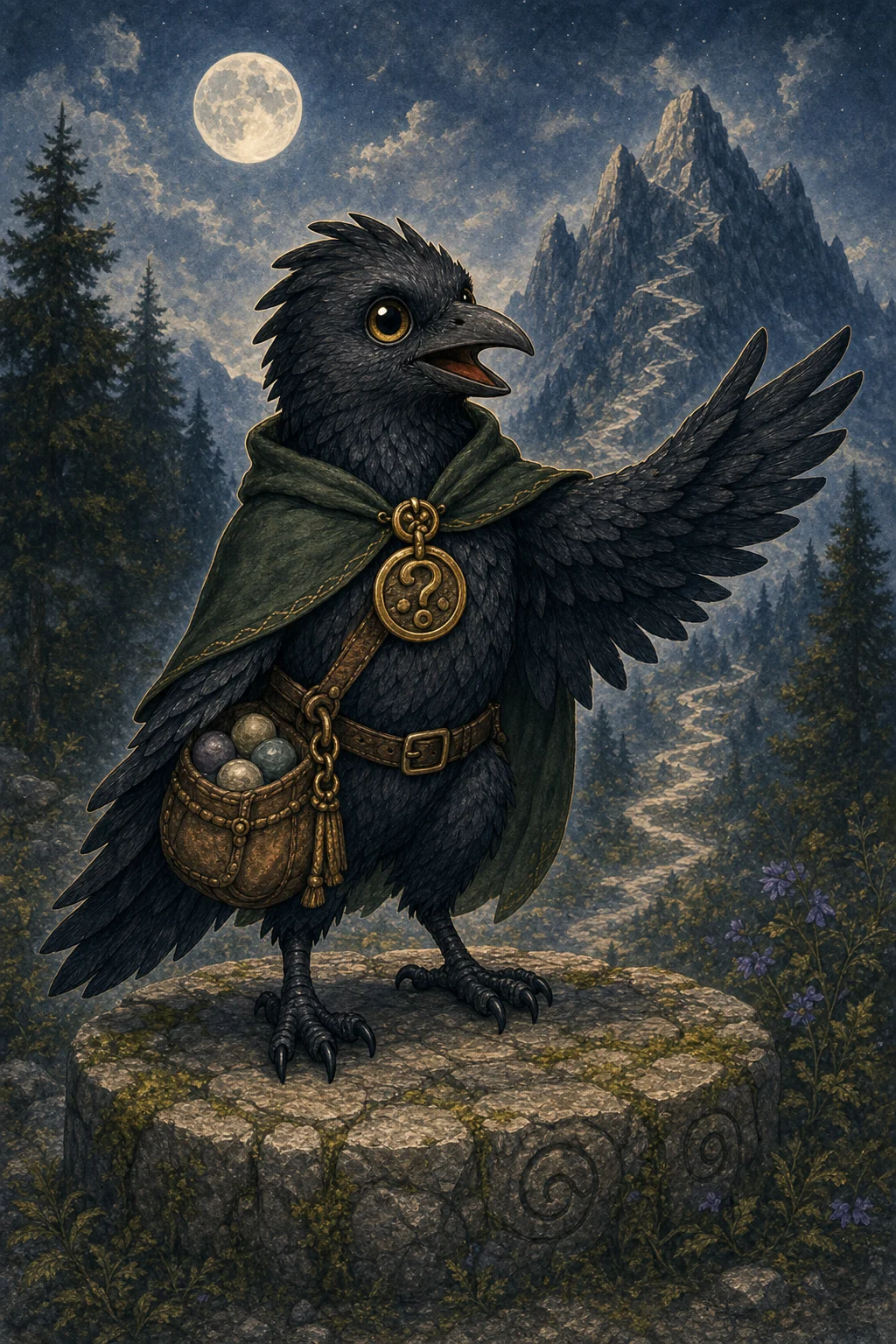 Romeo Raven standing alone on a Puzzle Peak stone perch, wearing his green cloak, question-mark medallion, and puzzle-stone satchel.