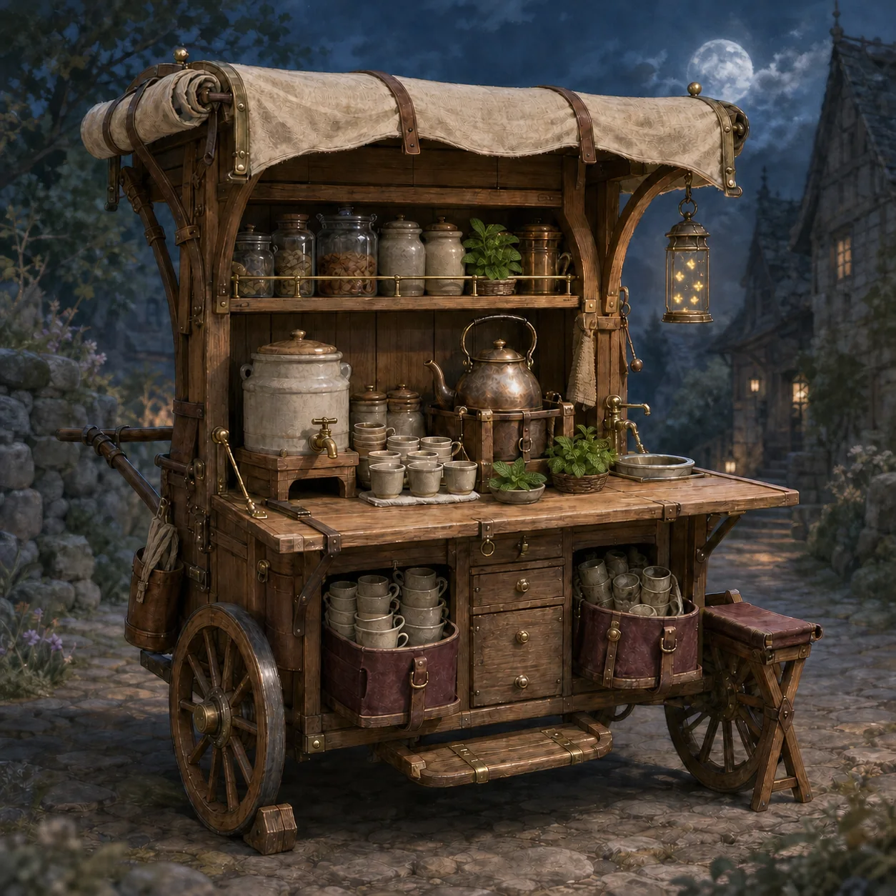 Ruby's warm wooden refreshment cart stands on a moonlit village path with sturdy wheels, cream ceramics, baskets, mint, a folding stool, and a glowing Moonfly lantern.