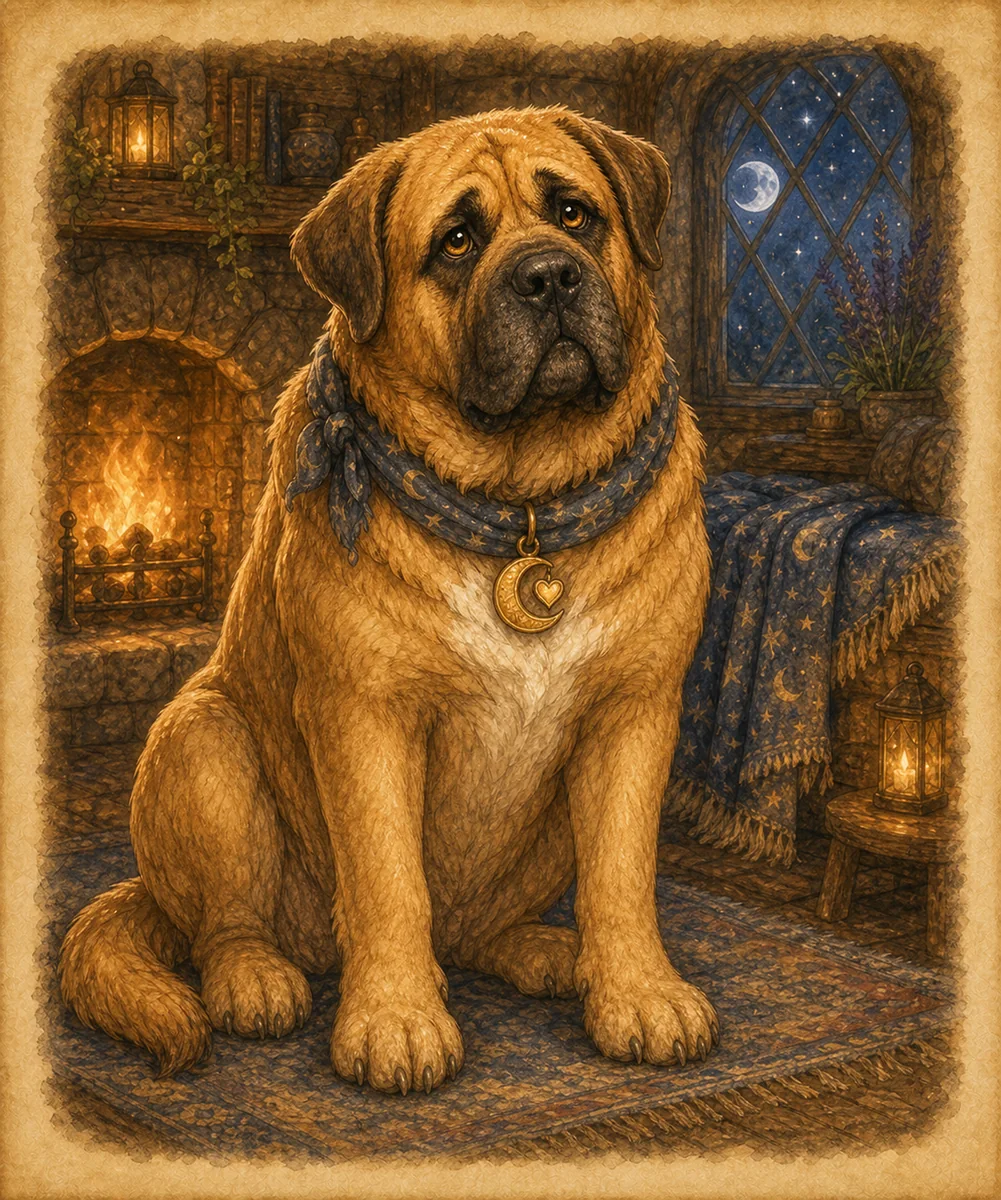 Buddy, a golden dog in a green vest, sits beside the river near the Water Mill.