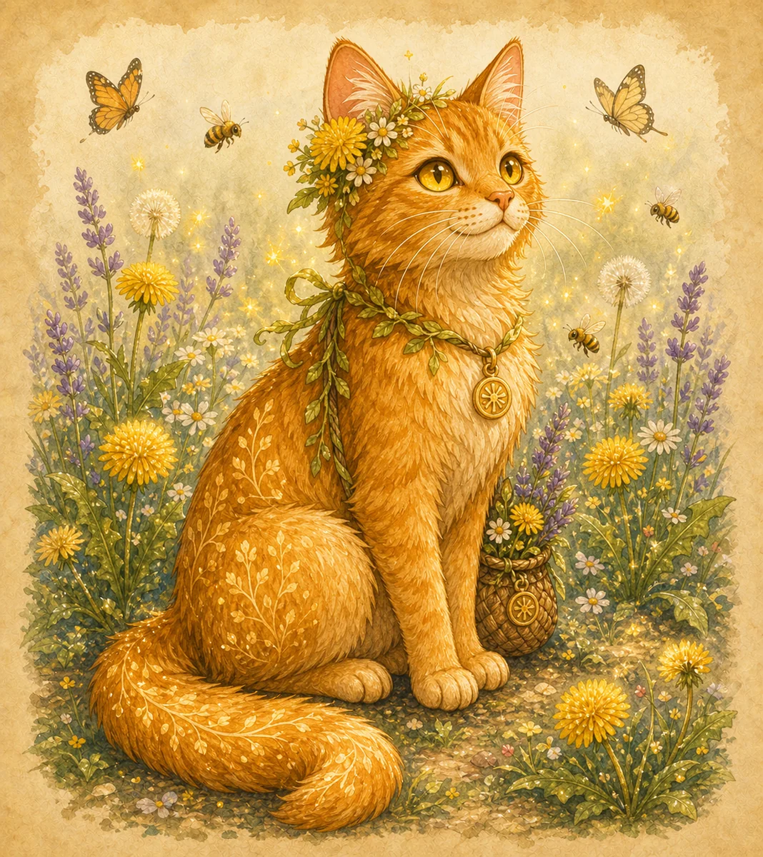 Dandelion, a pale floral cat, sits among sunlit meadow flowers.