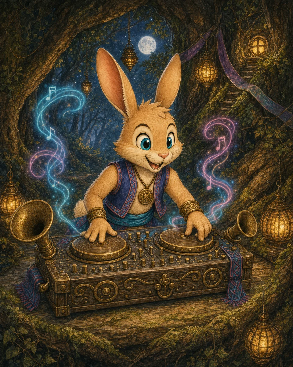 DJ Bunny Beats, a cheerful rabbit wearing headphones, stands at a colorful music table.