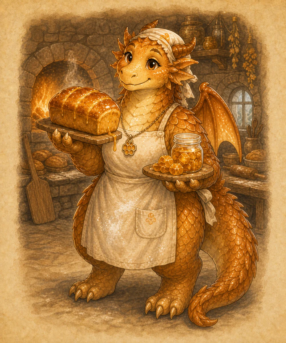 Honey, an amber dragon baker, smiles beside bread and a glowing hearth.