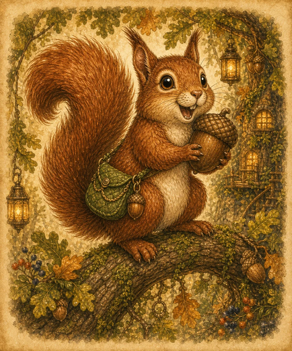 Hopper, a bright-eyed squirrel with an adventure pack, stands on a woodland path.
