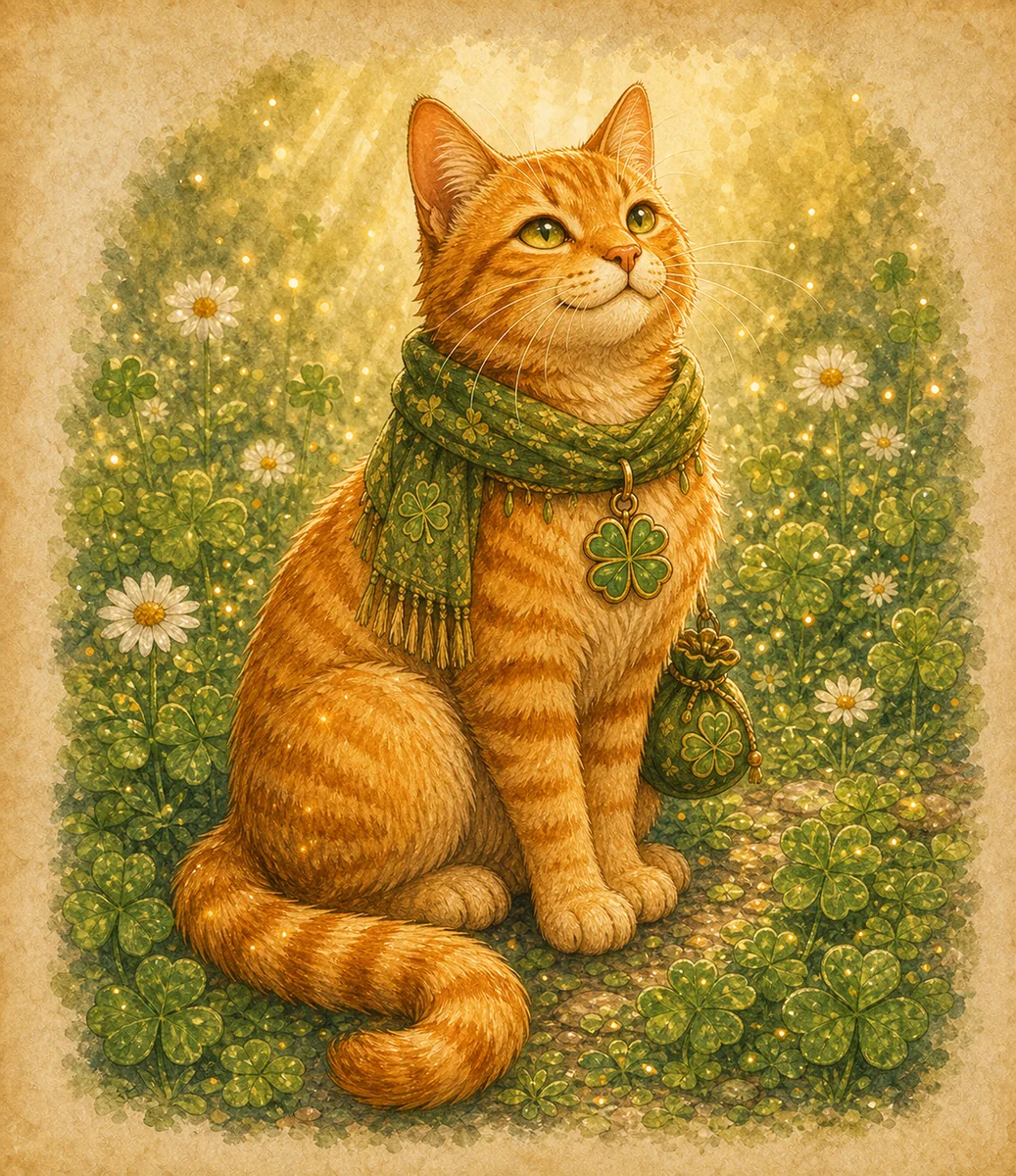 Lucky, an orange tabby cat wearing a green clover scarf, sits in warm lantern light.