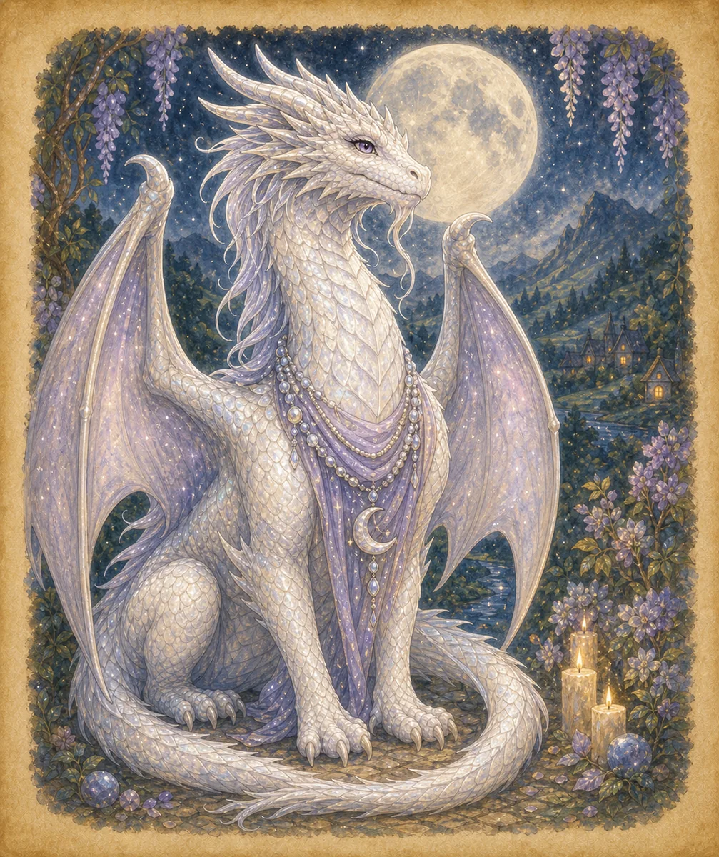 Moonlight, a large silver-violet dragon, rests in a warm mountain den.