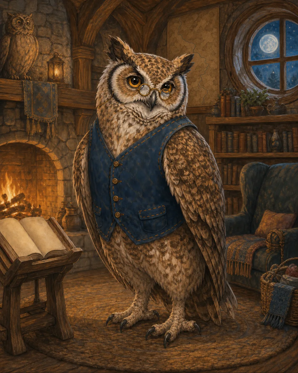 Otis, an elder horned owl in a deep-blue waistcoat and brass spectacles, stands in the warm Great Story House beside an open book and a large carved wooden owl.