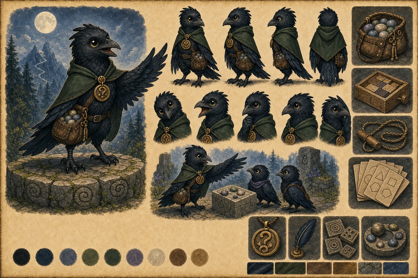 Accepted character study of Romeo Raven with his green cloak, question-mark medallion, puzzle tools, expressions, and moonlit mountain setting.