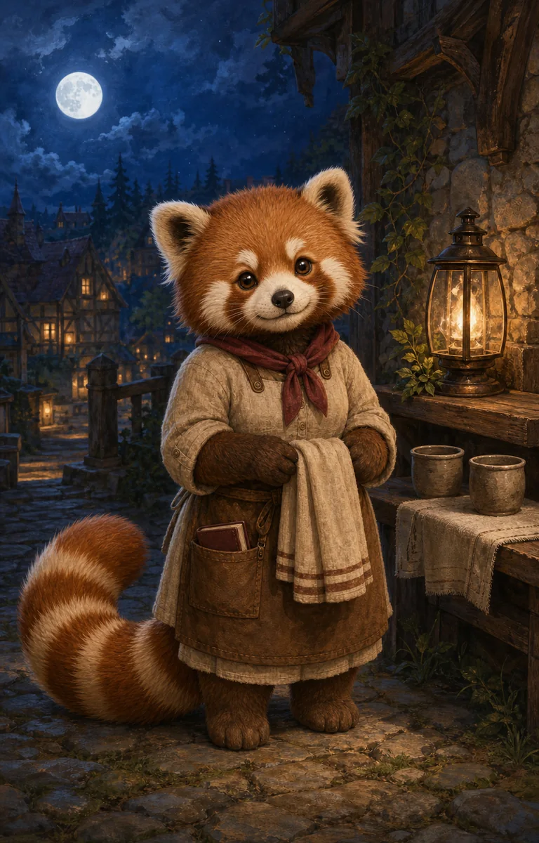Ruby, a red panda in an oatmeal tunic, brown apron, and burgundy neckerchief, stands beside cups and a lantern at a quiet service stop.