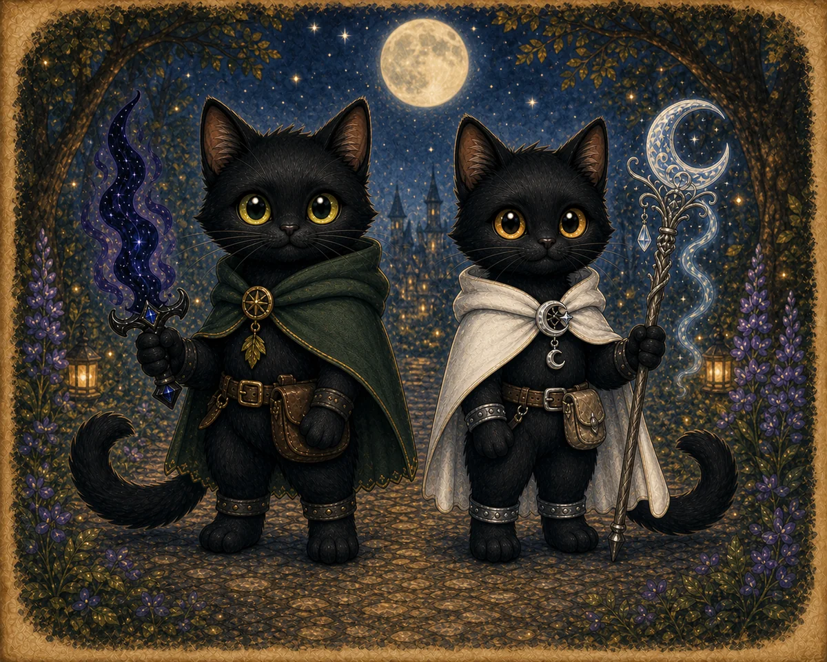 Shadow and Luna sit together beneath glowing moonlight in the forest.