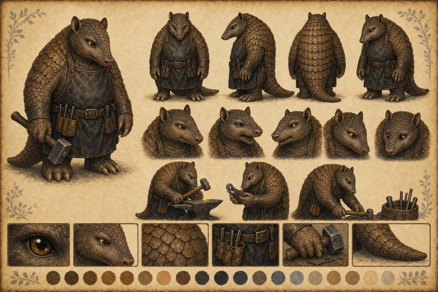 Accepted character study of Smithy, a sturdy armadillo blacksmith with a soot-dark apron, plain tool belt, hammer, working poses, and material studies.