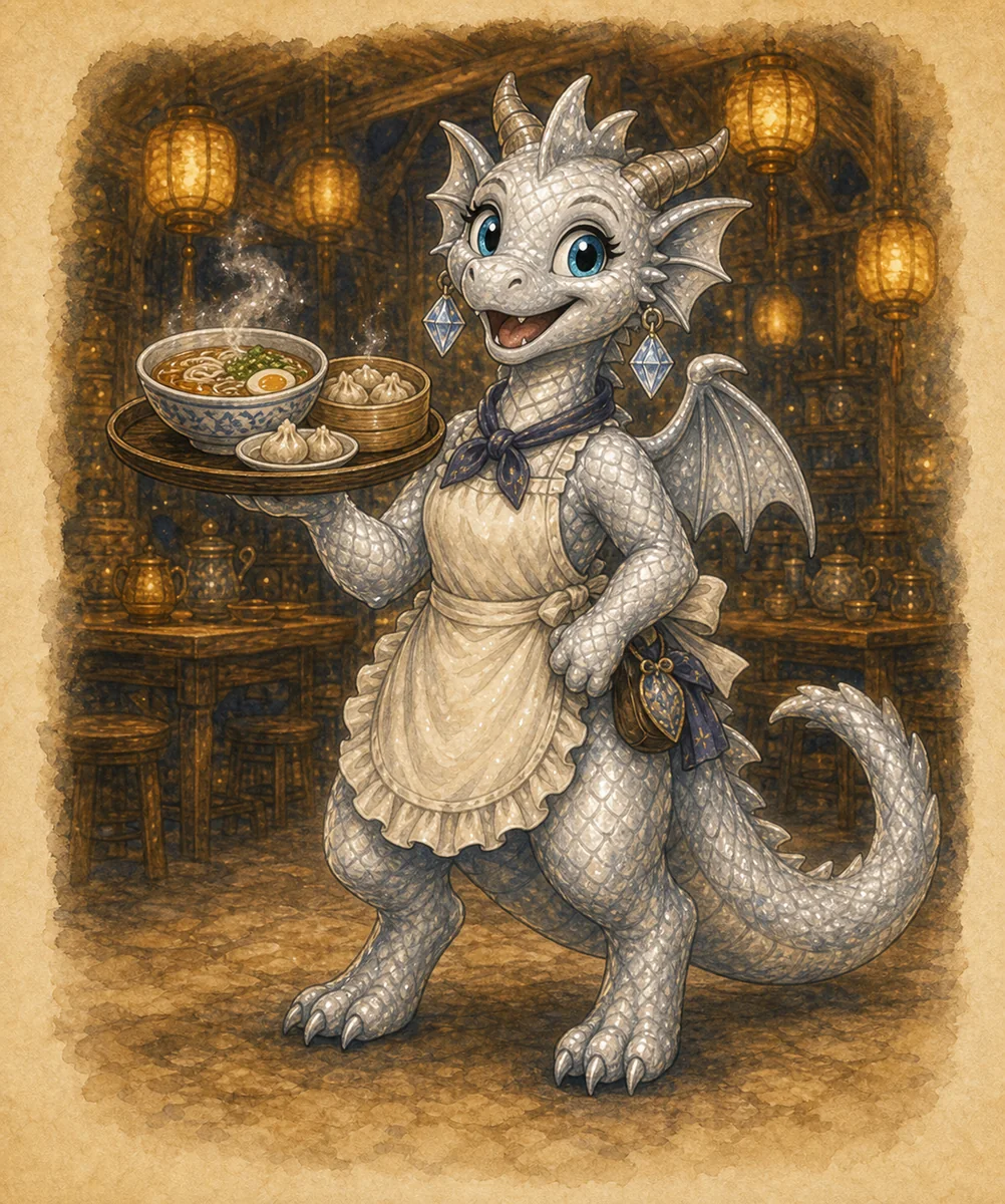 Sparky, a friendly red dragon, welcomes visitors inside a warm tavern.