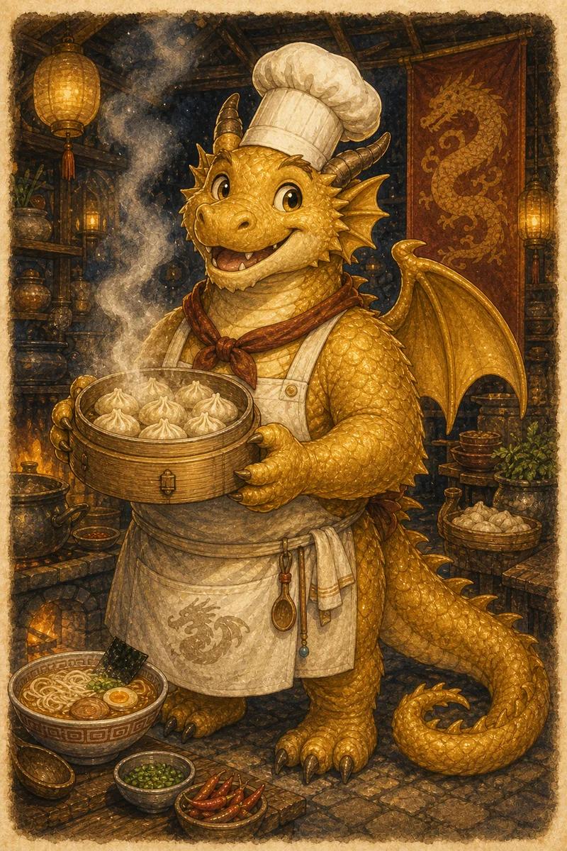Sunny, a golden dragon with bright scales, stands in a warmly lit inn.