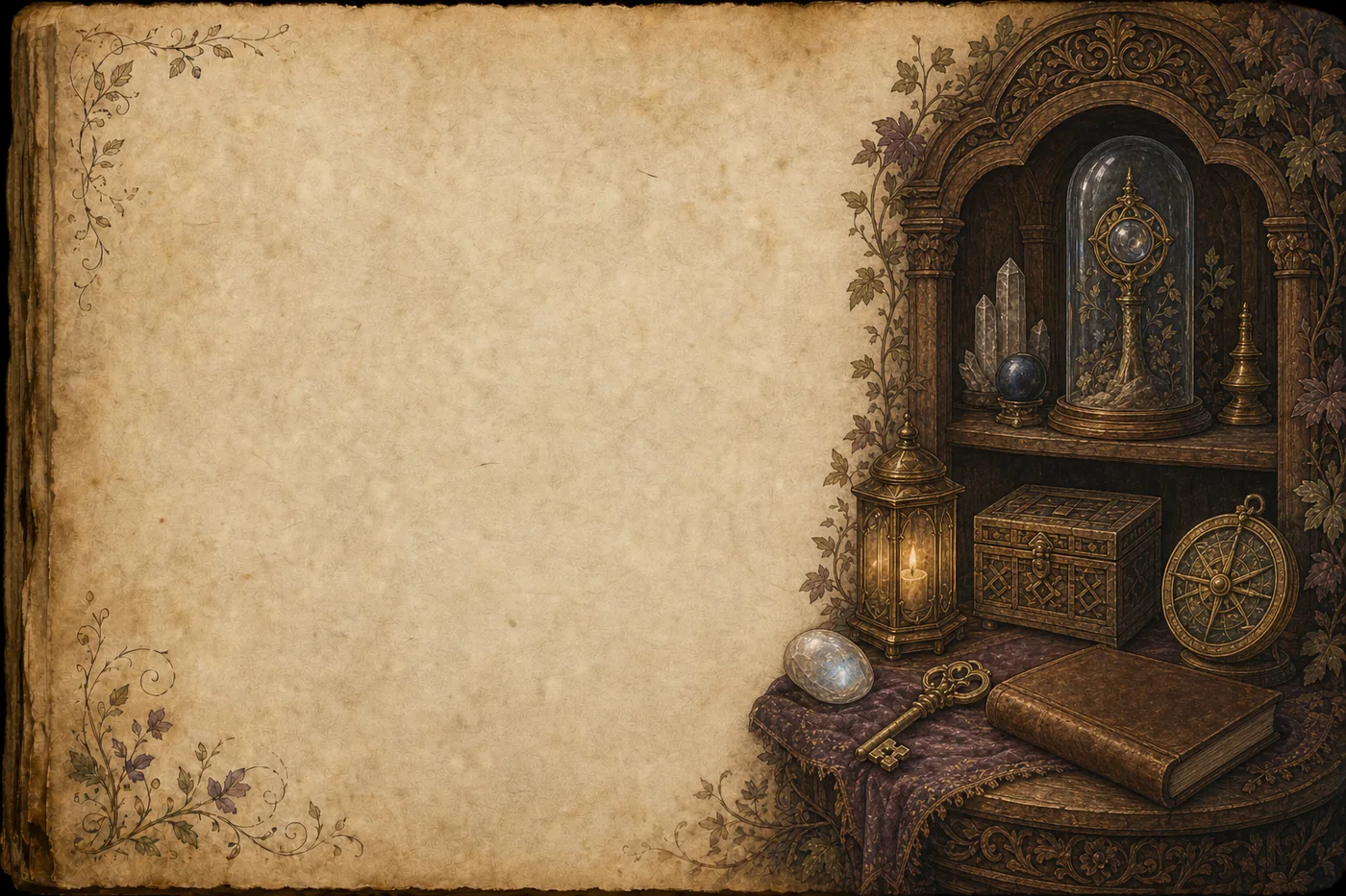 Illustrated parchment folio of Moonlit Vale books, keys, tools, and small artifacts.