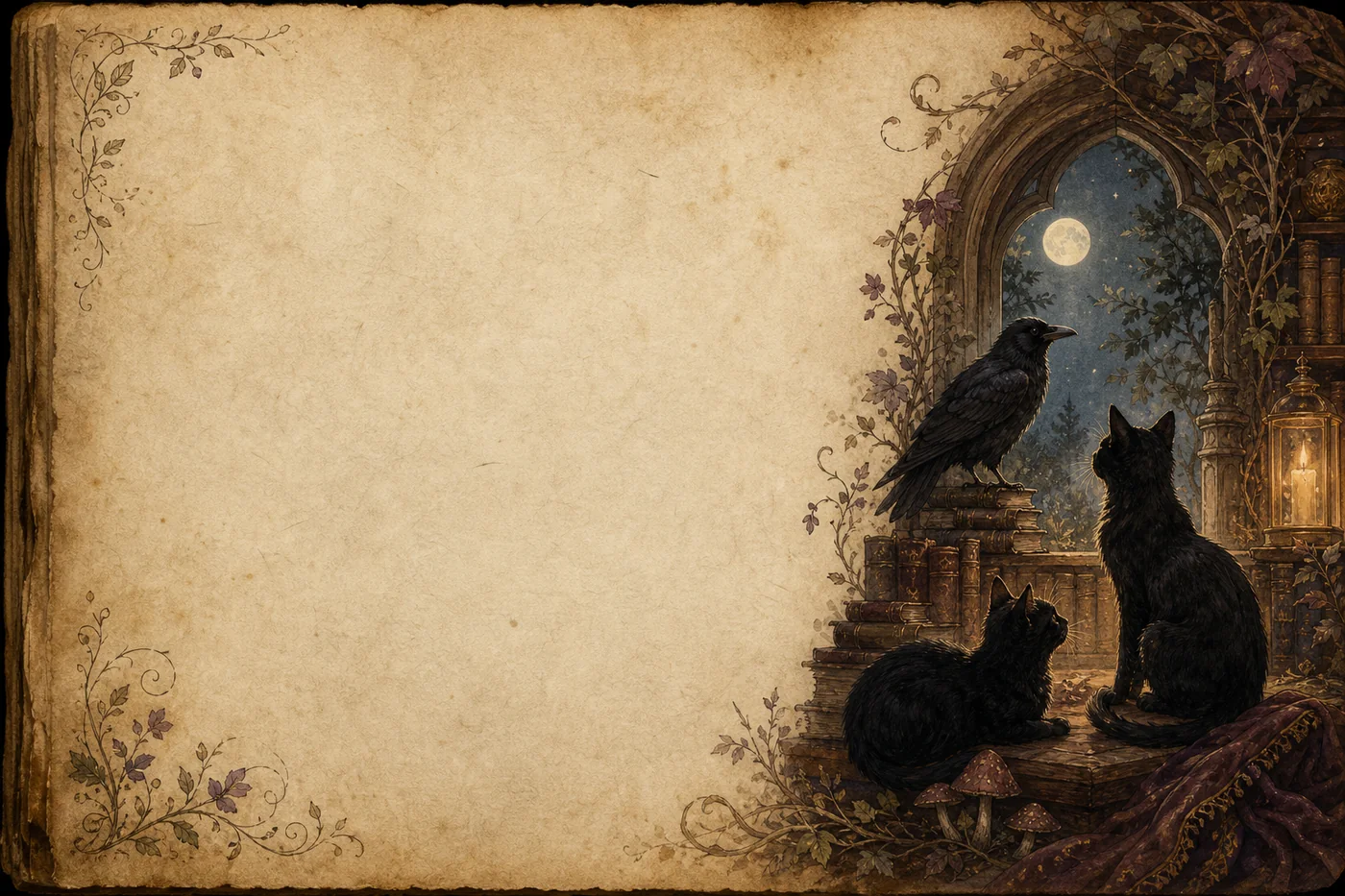 Illustrated parchment folio with a raven, a black cat, violet flowers, and moonlit decorative borders.