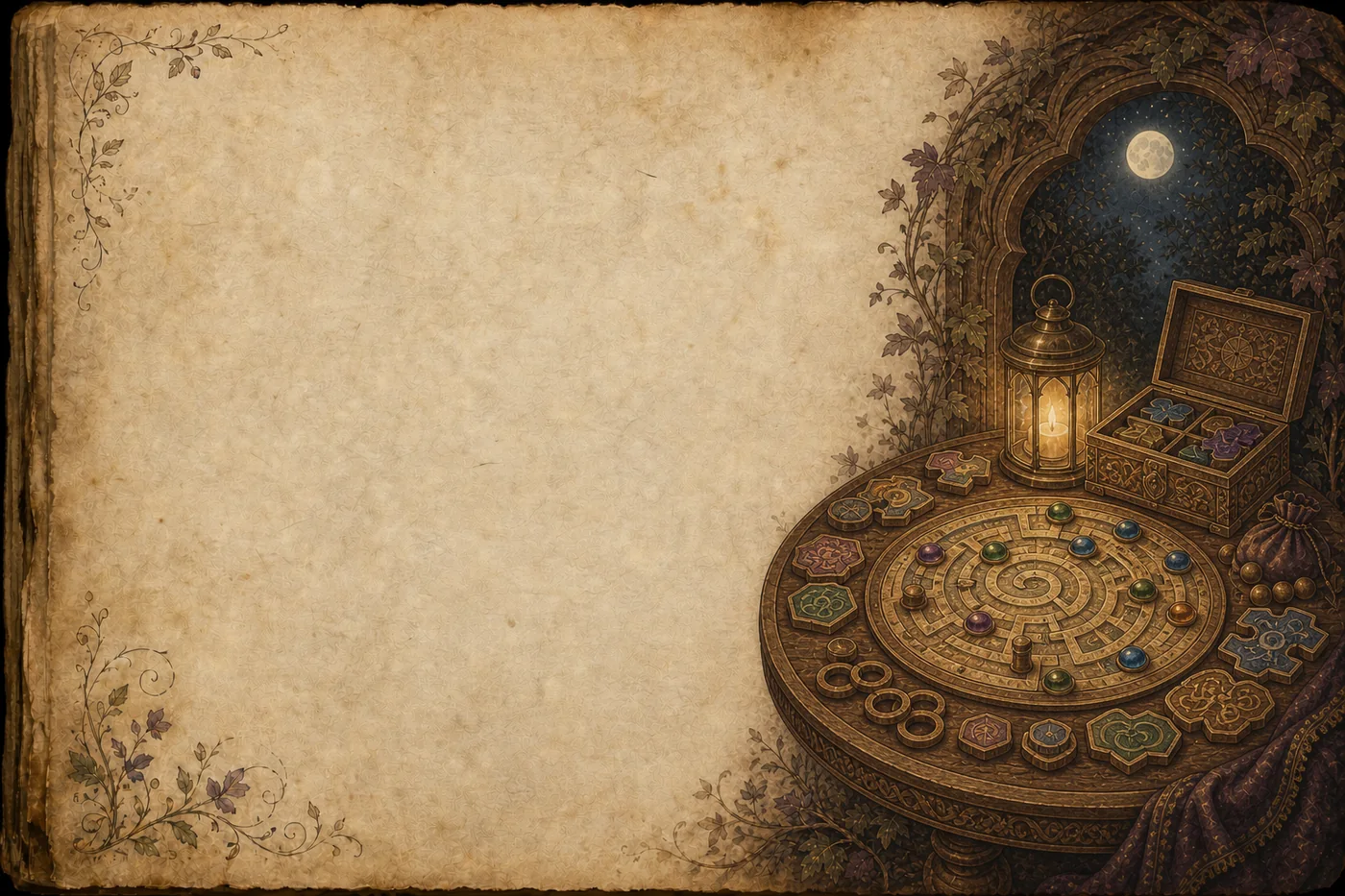 Illustrated parchment folio with Moonlit Vale games, puzzles, cards, and useful tools.