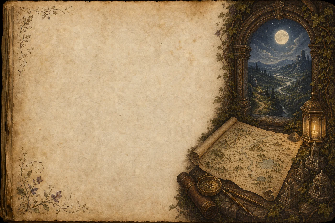 Illustrated parchment folio showing Moonlit Vale landmarks, winding paths, trees, and mountain scenery.