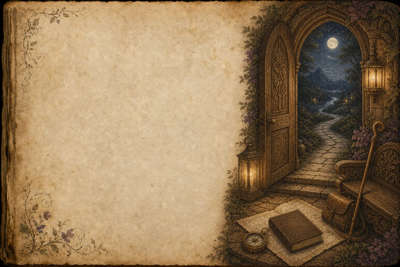 Illustrated parchment folio with welcoming Moonlit Vale signs, lanterns, paths, and guidebook details.