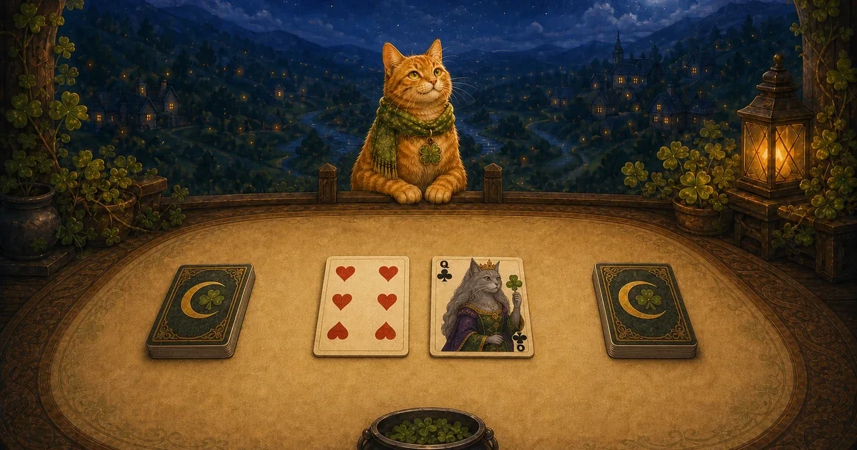 Lucky, an orange tabby in a green clover scarf, sits behind a moonlit card table with two decks and two face-up cards.