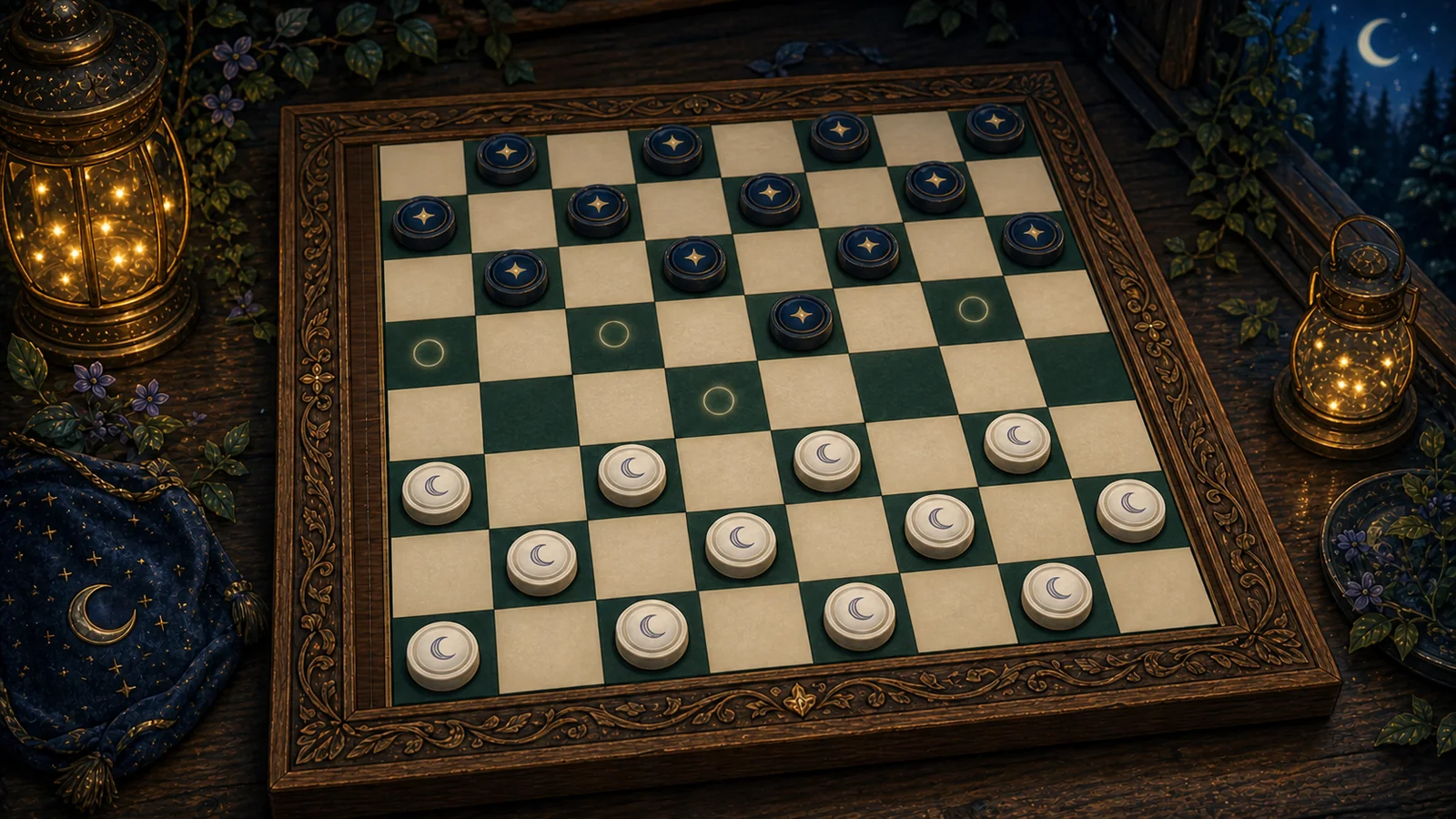An ornate moonlit Checkers board with dark star pieces and pale crescent pieces beside two glass lanterns filled with glowing moonflies.