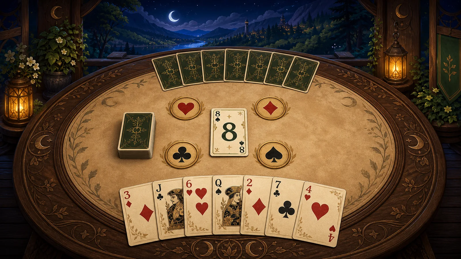 A carved moonlit card table set with a draw pile, a wild Eight, four suit tokens, and two hands of illustrated cards.