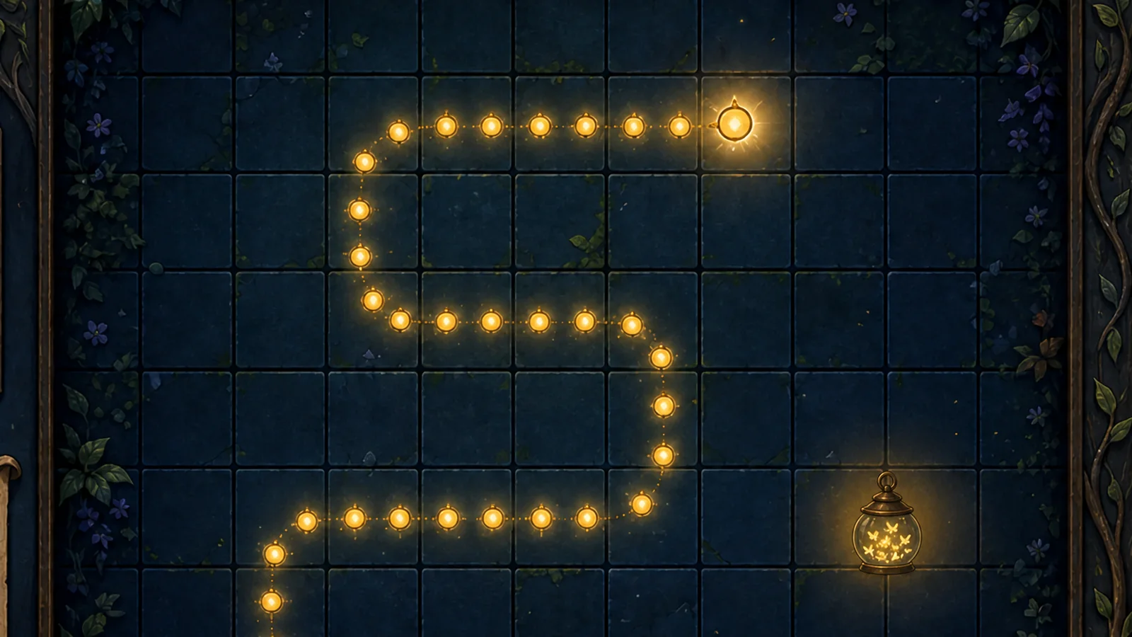 A winding trail of golden moonfly markers crosses a deep-blue garden grid toward a glowing destination beside a glass lantern filled with moonflies.