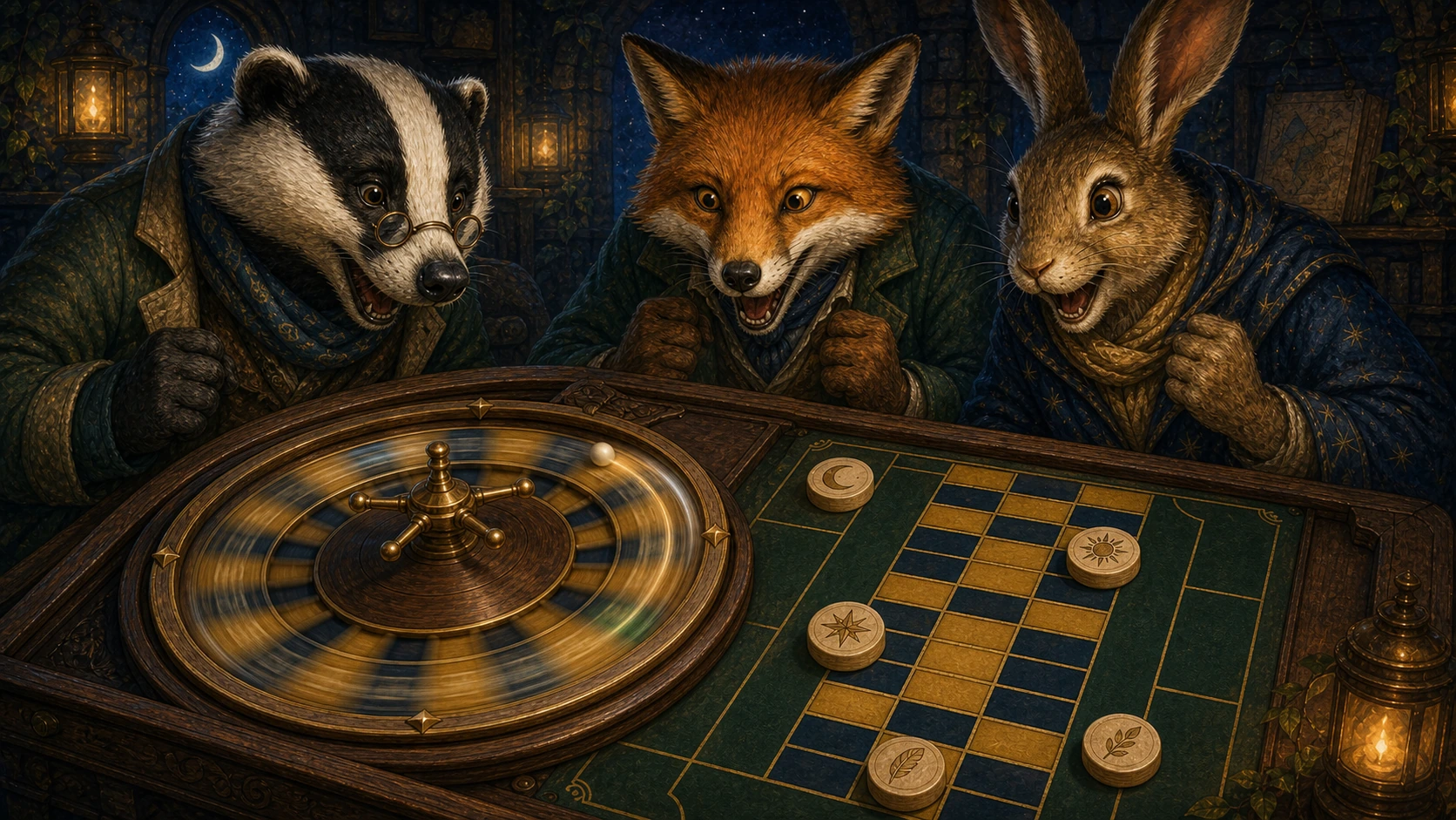 The Badger Merchant, Fox Cartographer, and Harey Messenger cheer as an ivory ball races around a carved Moonwheel beside five wooden prediction markers.