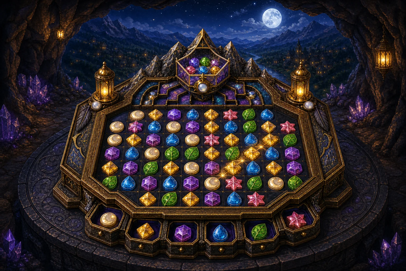 An ornate Gemfall station filled with glowing jewel tiles stands in a moonlit crystal grotto overlooking Puzzle Peak.