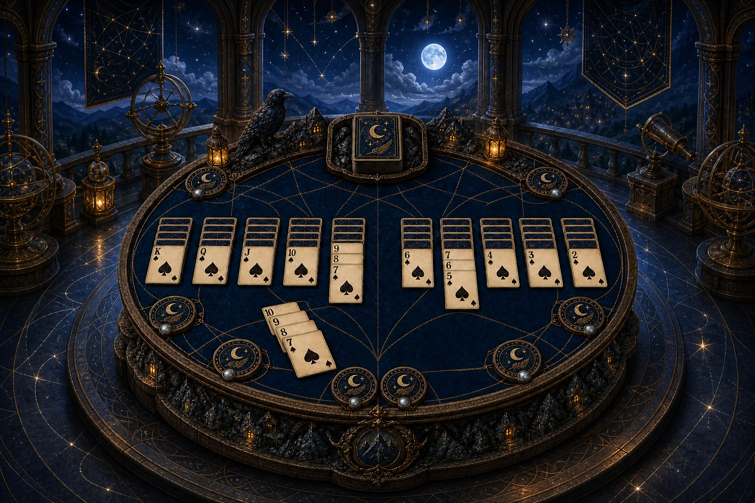 A deep-blue Moonweb card table with spade runs, golden thread paths, a raven, and lanterns fills a celestial Puzzle Peak observatory.