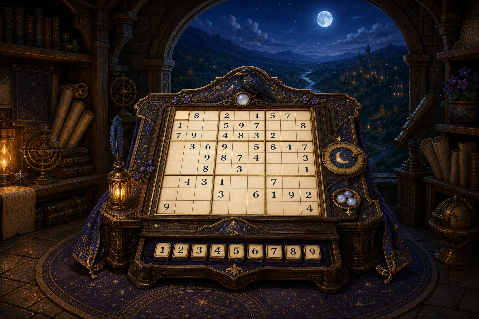 An ornate parchment Sudoku lectern with a raven, lantern, and number keys stands in a moonlit Puzzle Peak observatory.