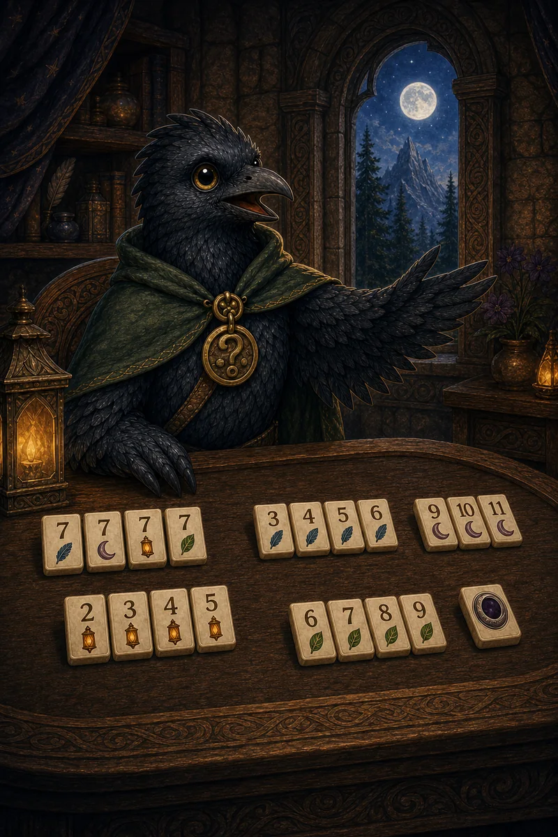 Romeo Raven welcomes the player to a carved table arranged with Feather, Moon, Lantern, Leaf, and eclipse Wild tiles in the lantern-lit Game Room.