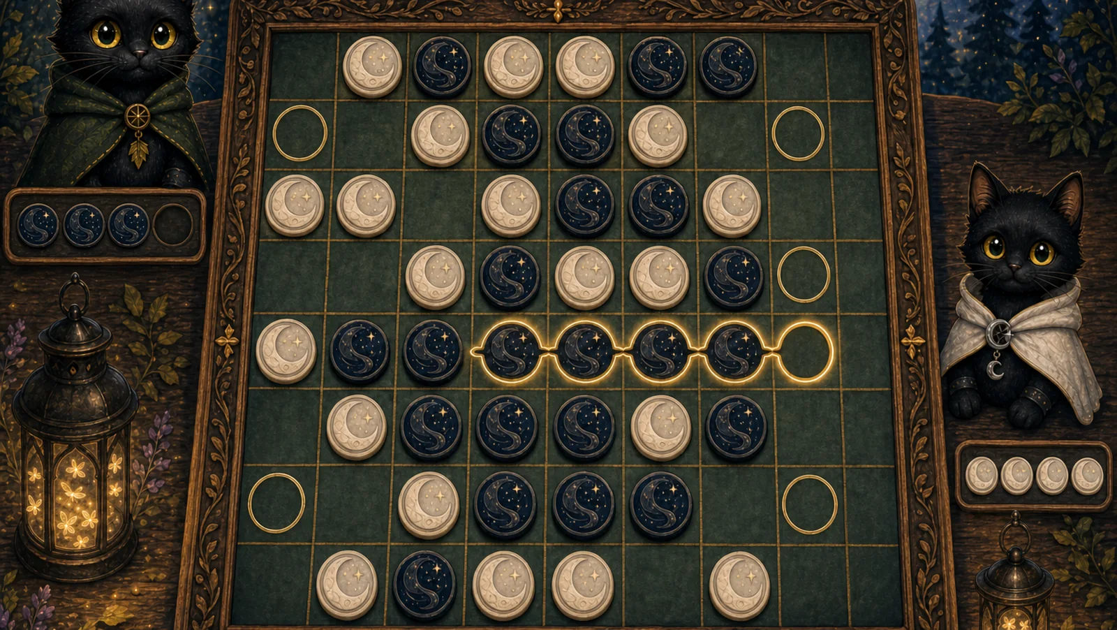 Two black cats flank an ornate forest Reversi board with dark star pieces, pale crescent pieces, a highlighted turn, and glass Moonfly lanterns.