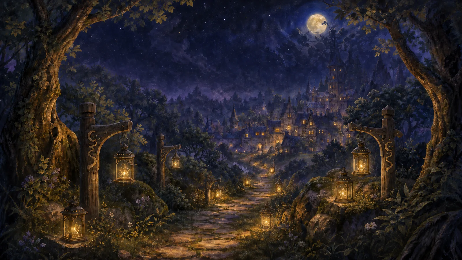 A moonlit woodland path lined with warm lanterns leads toward a distant village.
