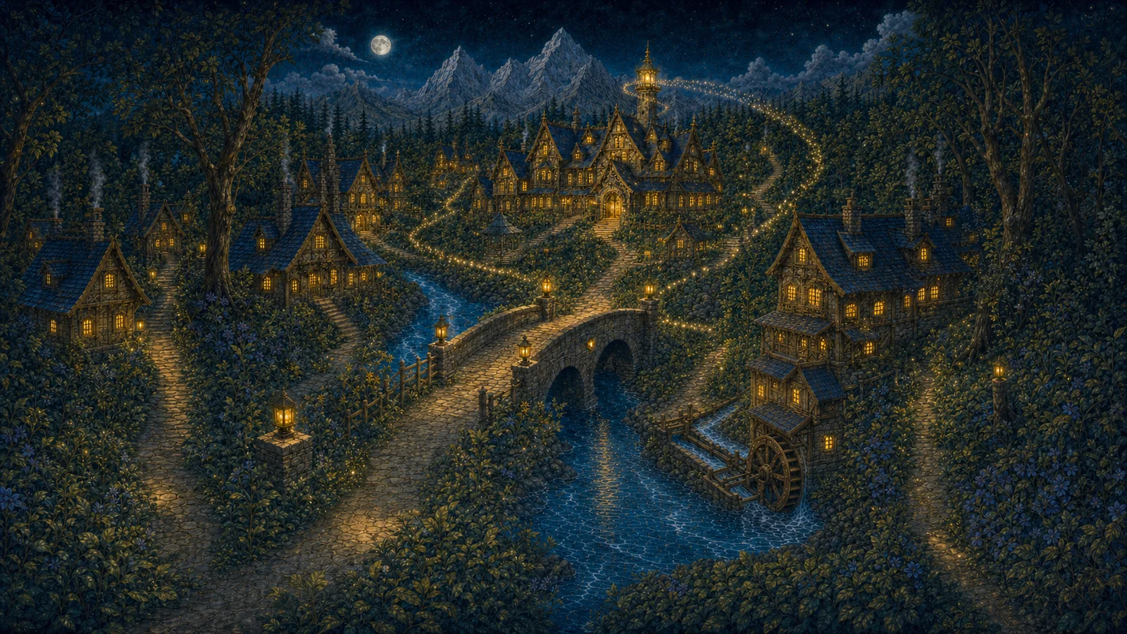 A broad moonlit view of Moonlit Vale with a river, stone bridge, water mill, village, and mountain tower.