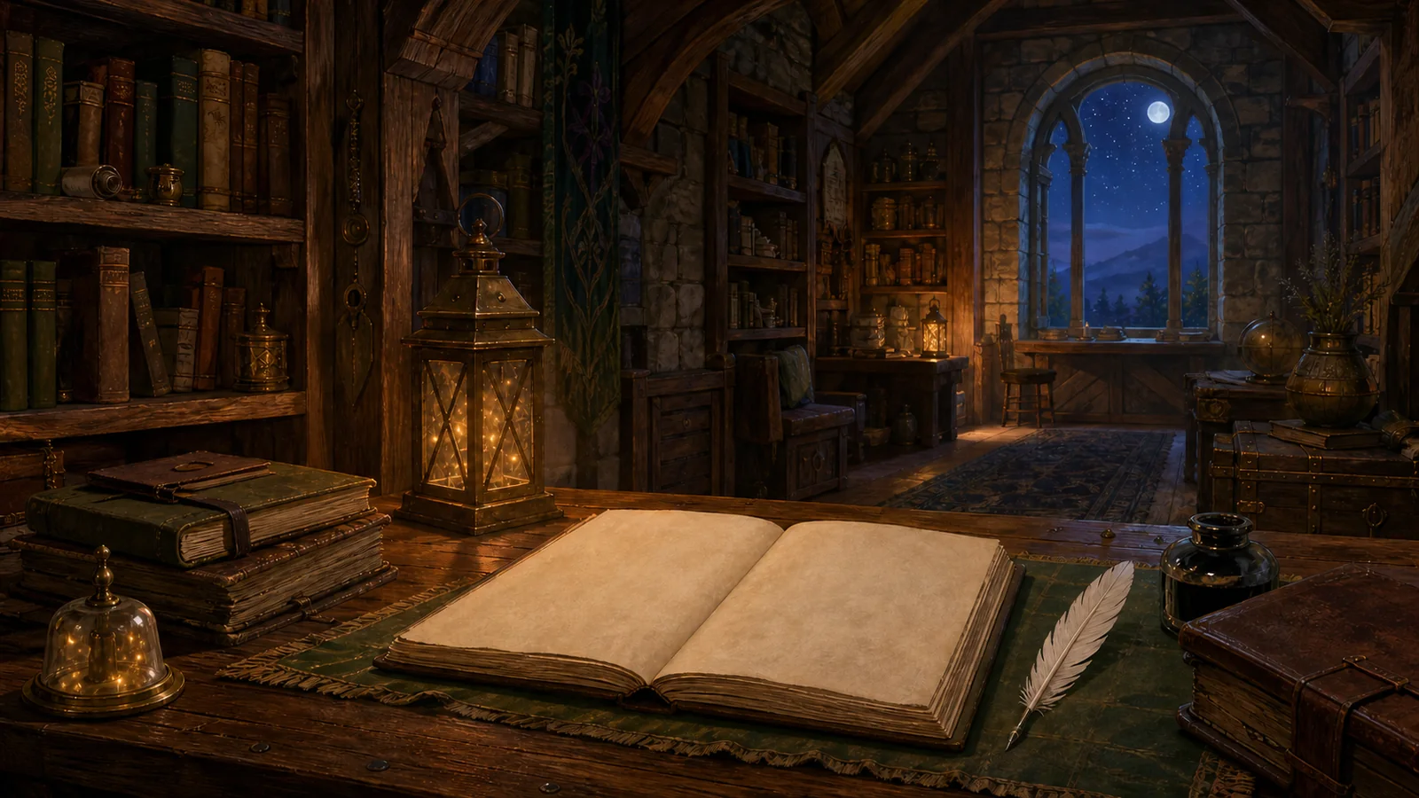 Golden moonflies glow inside lantern housings around an open blank book, ink, quill, and shelves in a timber-and-stone scriptorium.