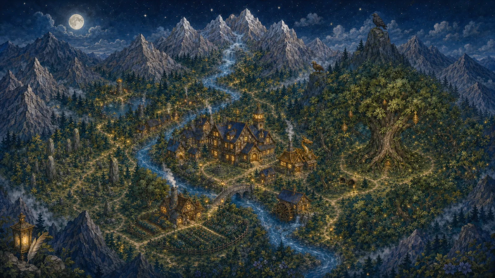 Moonlit Vale beneath a full moon, with mountains, forest, river, village lights, and the Royal Tree