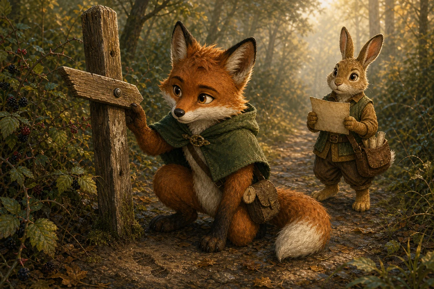 Autumn, a russet fox in a green mantle, examines a crooked wooden waymark while Harey holds a route note on the forest path.