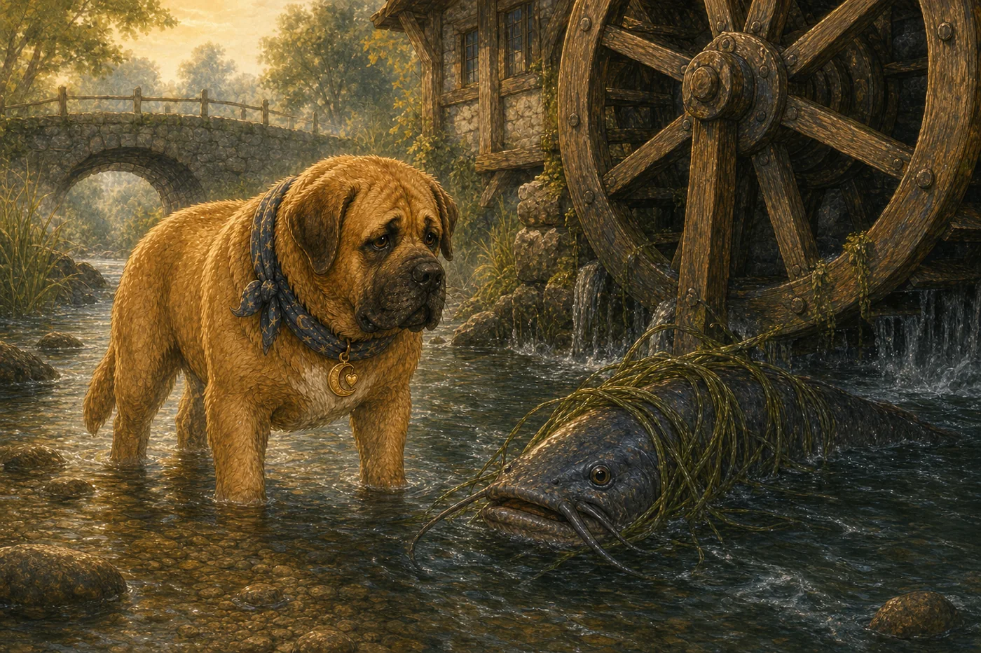Buddy beside a waterwheel helping a giant catfish caught in river grass.