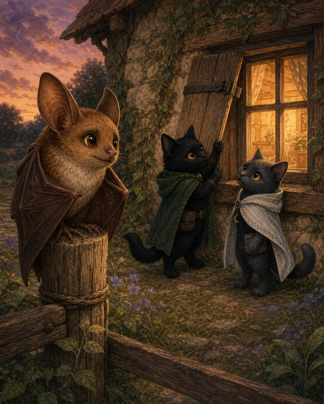 Cora, Shadow, and Luna secure a loose cottage shutter as the wind rises.
