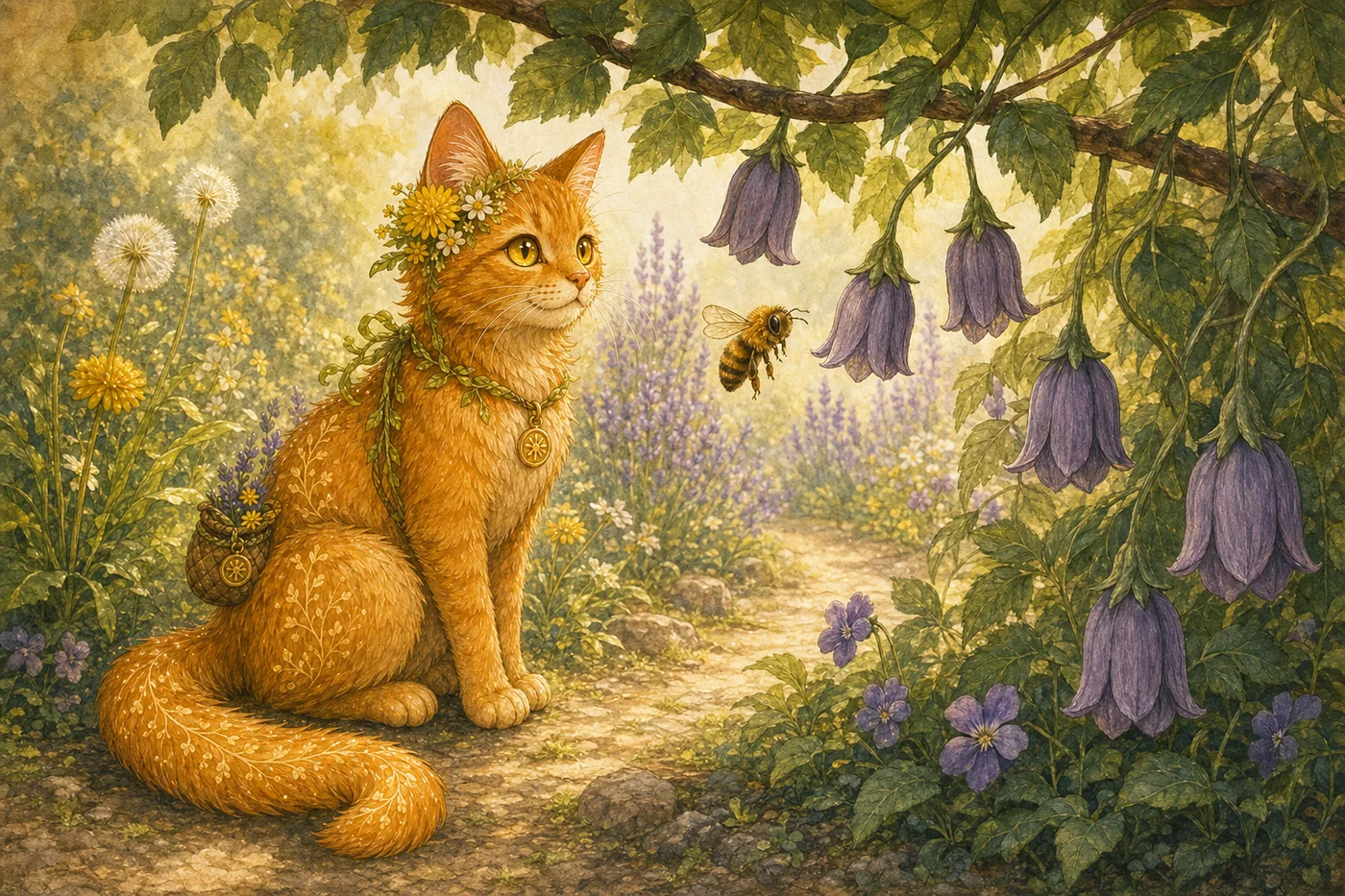 Dandelion watches a young bee among sunlit flowers on her farm.