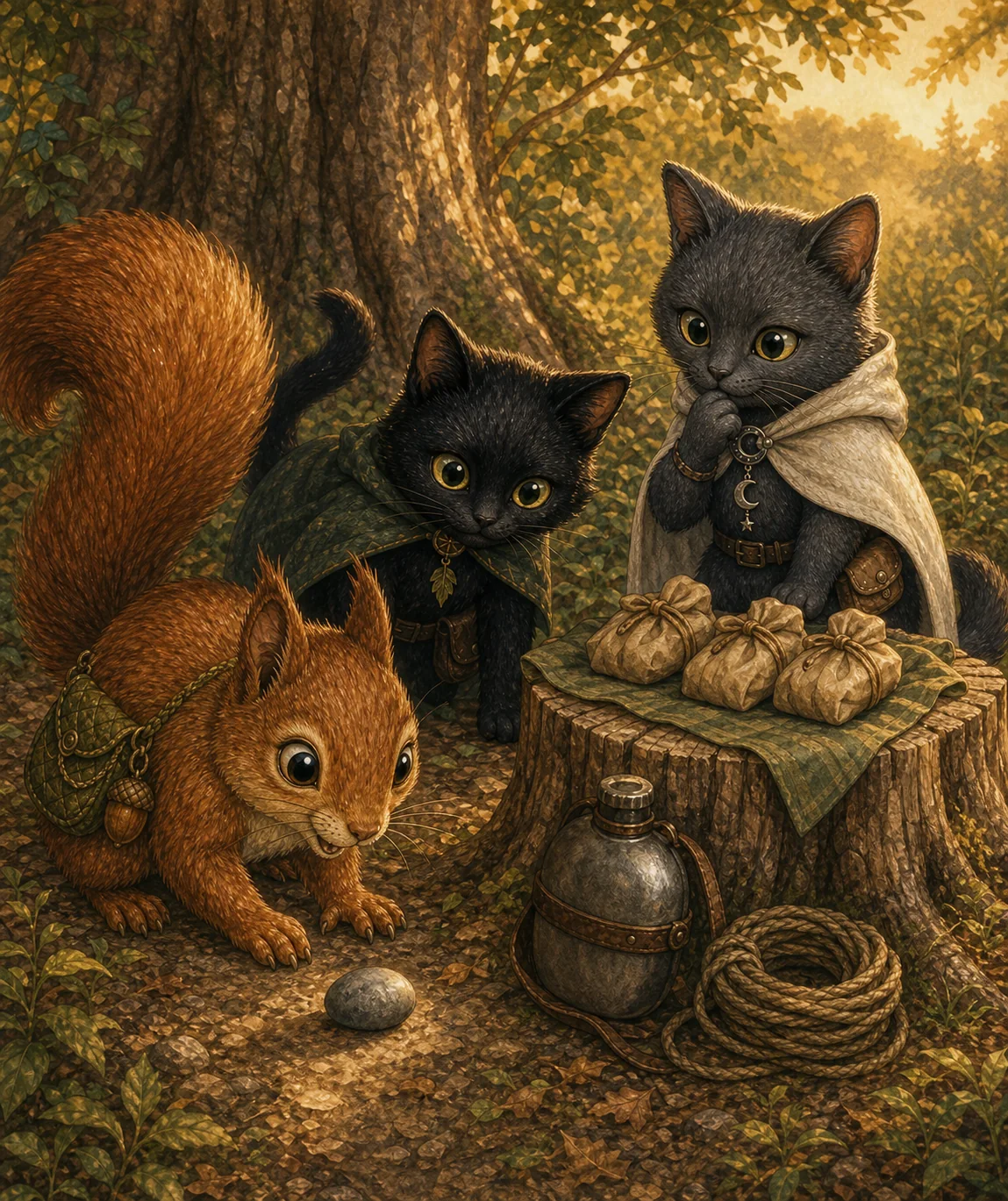 Hopper packs food, water, and cord for an adventure with Shadow and Luna.