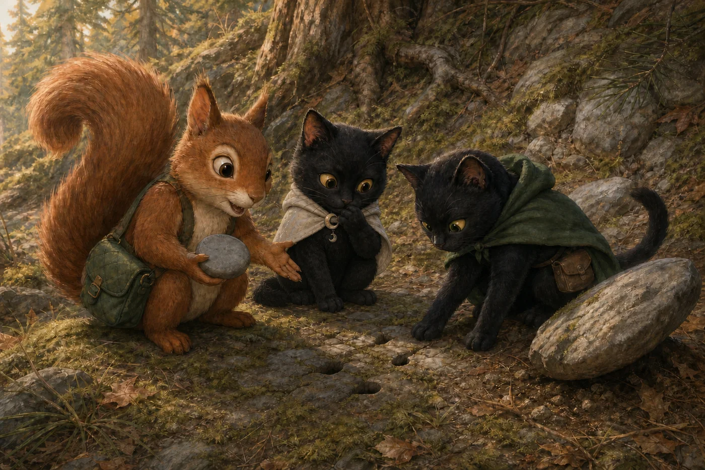 Hopper, Luna, and Shadow examine marked stones on a wooded slope.