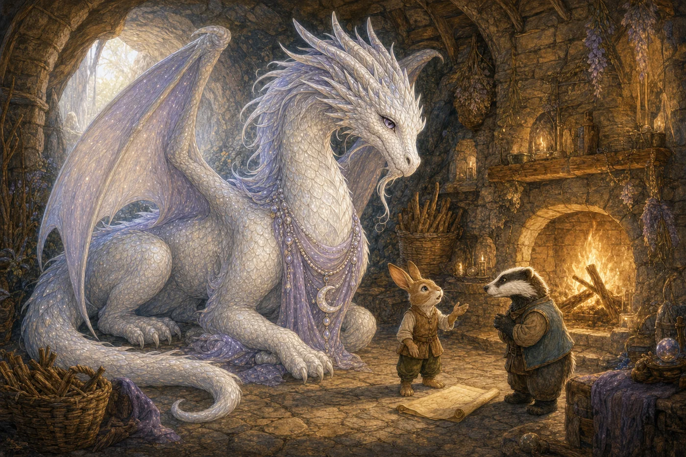 Moonlight listens to Harey and Berry beside the warm hearth in her mountain den.