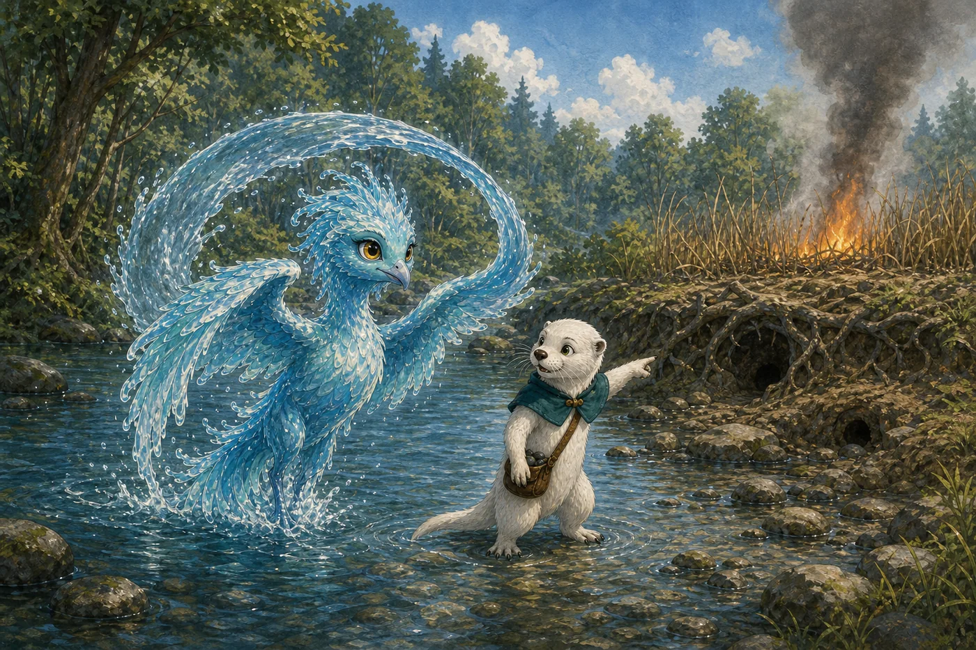 Riverwing, a blue water phoenix, shapes an arc of river water beside Otto while fire burns through reeds on the bank.