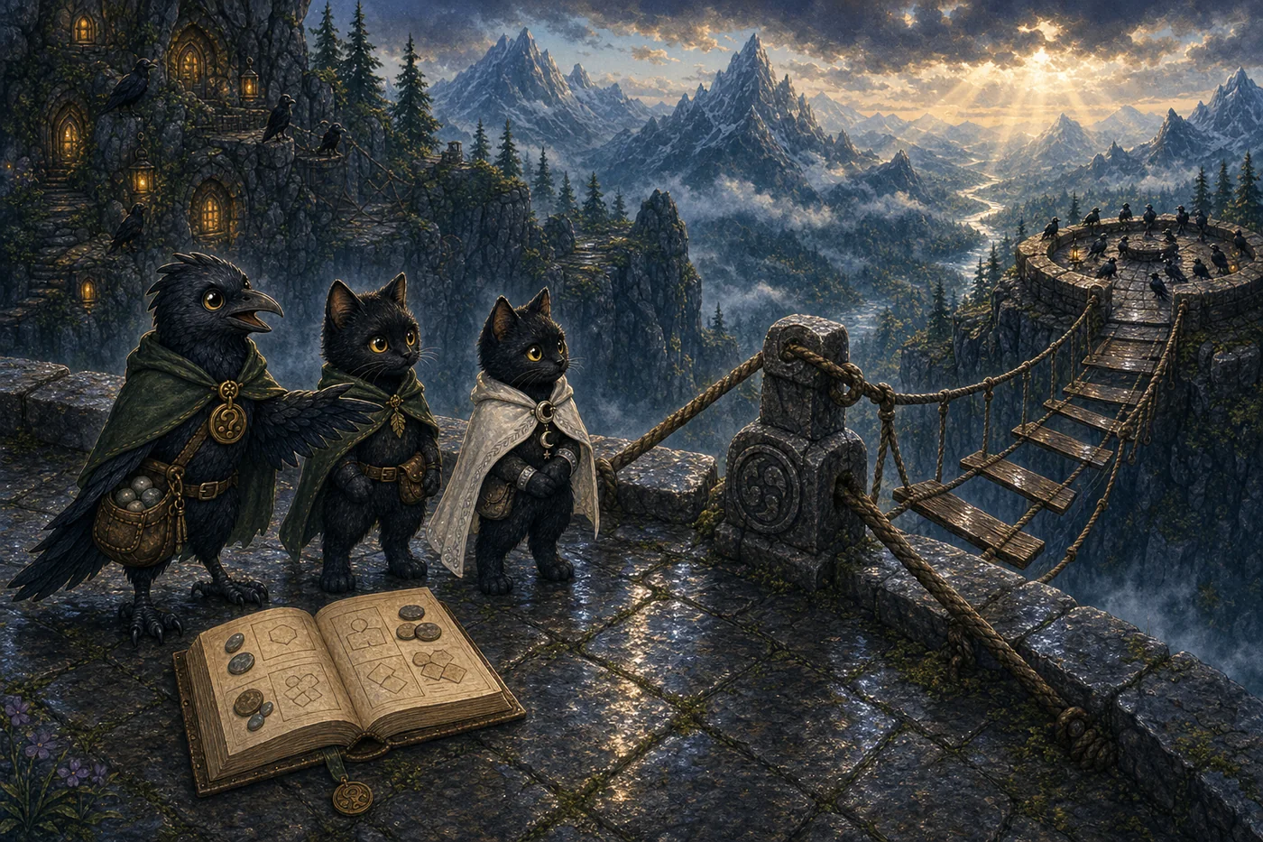 Romeo Raven, Shadow, and Luna examine a crooked rope bridge at Puzzle Peak.