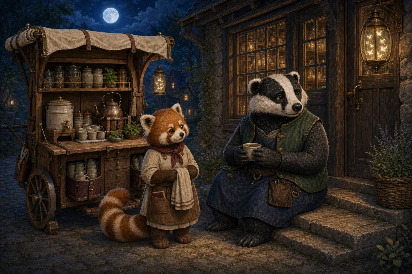 Ruby sits beside Berry outside the closed General Store while his first cup of mint tea rests within reach.