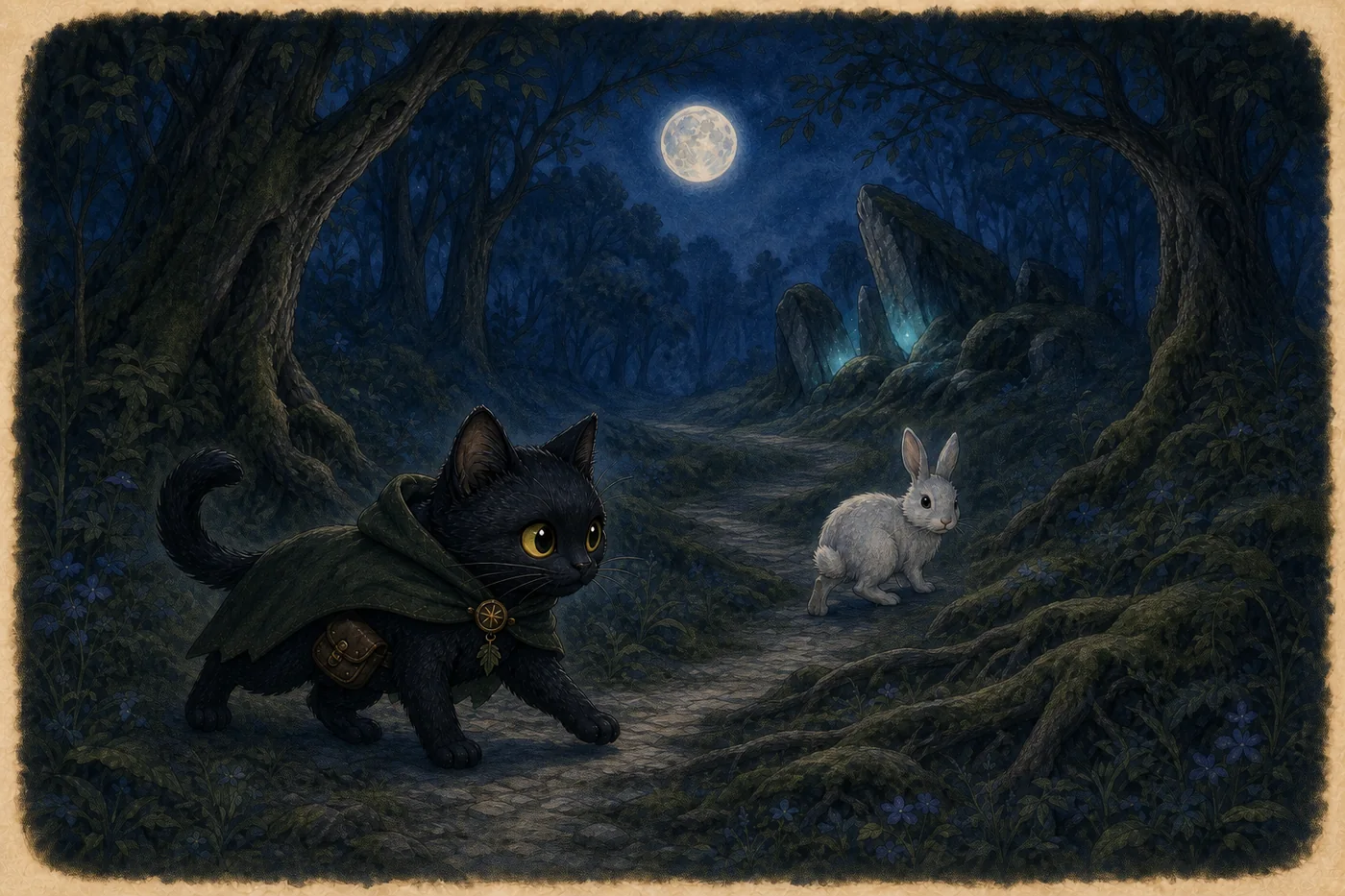 Shadow follows a shimmering pale rabbit along a moonlit forest path.