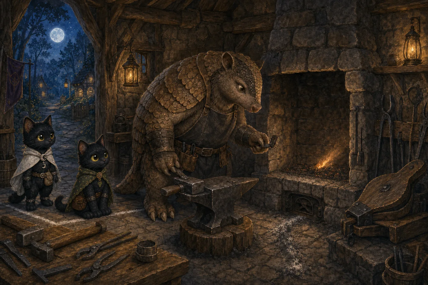 Smithy examines his dim forge while Shadow and Luna watch from the doorway.